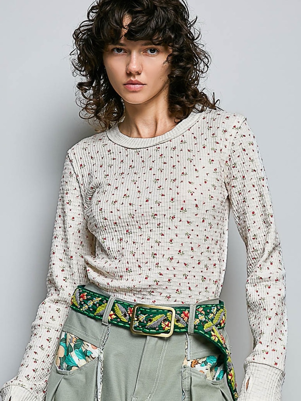 ❤️Hello Gorgeous! POL Ribbed Knit Floral Crew Neck Long Sleeve Top-Ivory